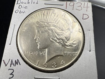 1934 D $1 Peace Silver Dollar Coin VAM 3 Top 50 Variety AU About UNC