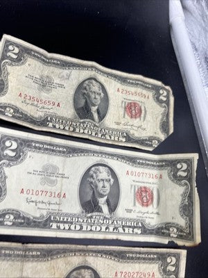 Lot of 5 1963 1953 $2 Two Dollar Red Seal USN Notes Very Circulated Damage #52