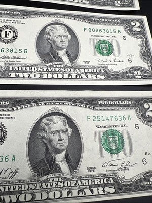 $2 Bill Collector's Set 1976 1995 2013 Federal Reserve Notes AU / UNC Conditions