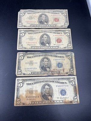 $5 Bill Collector's Lot 2 1963 $5 USN & 2 1953 $5 Silver Certificates Very Circ