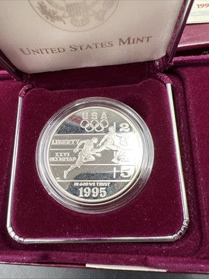1995 Atlanta Olympics Runner Proof Silver Dollar Coin OGP Some Toning