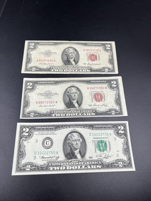 Two Dollar Bill Collector's 3 Note Lot 1953 USN Bills and 1976 FRN Bicentennial