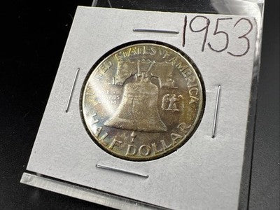 1953 P Franklin Half Dollar Silver Coin Circ Nice Toning Toner XF SK#a
