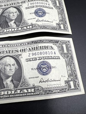 2 Consecutive 1957 $1 One Dollar Blue Seal Silver Certificates CH VF #10