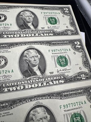 4 Note Souvenir Sheet 2003 US $2 Two Dollar FRN Federal Reserve Notes in Book #B