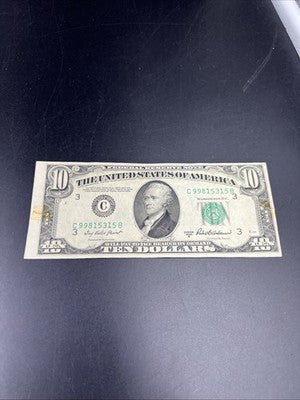 1950 B $10 FRN Federal Reserve Note Fine Details Taped Torn Edges