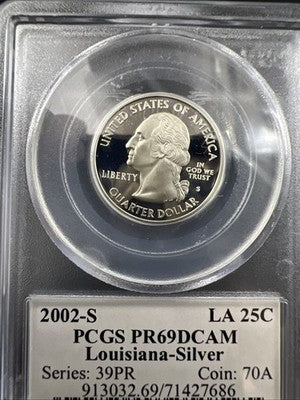 2002 S Proof Silver Louisiana Statehood Quarter Coin PCGS PR69 DCAM #686
