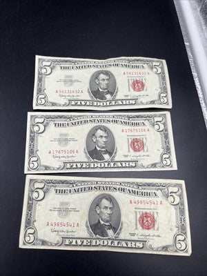 Lot of 3 1963 $5 USN United States Notes Red Seal Bills Fine / VF Circ #632
