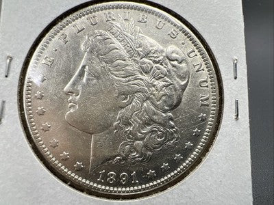 Bearl Tate Masonic Counterstamp on 1891 P $1 Morgan Silver Dollar AU Details