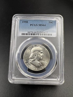 1958 P 50c Franklin Silver Half Dollar Coin PCGS MS64 CH BU Reverse Toner #77