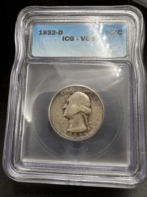 1932 D 25c Washington Silver Quarter Coin ICG VG8 Very Good Certified