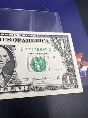 2013 $1 FRN Federal Reserve Note Lucky Serial Number 77776994 CH UNC