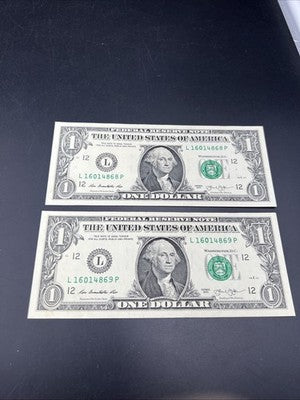 2 Consecutive 2013 $1 FRN Federal Reserve Notes Choice UNC #869