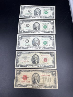 Lot of 5 $2 Bills 1928 1953 1995 2003 2009 Collector's Set Circ #529