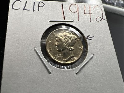 1942 P 10c Mercury Dime Coin Clipped Planchet Error AU