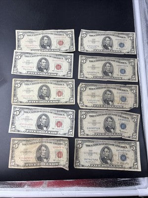 $5 Bill collector's Lot 10 US Bills - 5 USN Red Seals & 5 Silver Certificates