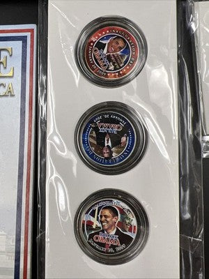 Lot of 13 Barack Obama Colorized US UNC Coins in displays w/ 9 Liberia Stamps
