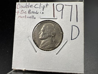 1971 D 5c Jefferson Double Clipped Error & Die Crack AU Circ