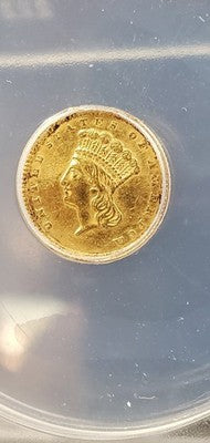 1857 Type 3 Princess Head Gold G$1 Dollar Coin ANACS AU Details Damaged Bent