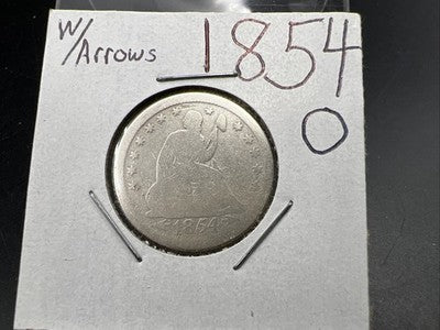 1854 O 25c Liberty Seated Quarter Coin AG / G Details Cleaned