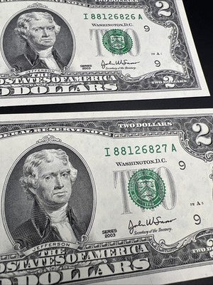 2 Consecutive 2003 $2 FRN Federal Reserve Notes Neat Serial Numbers #881