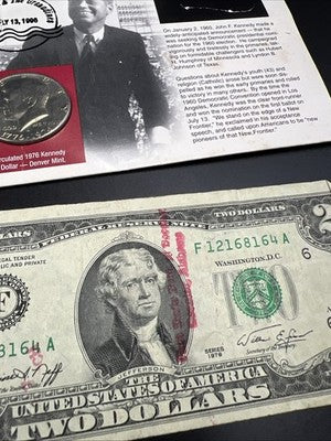 1976 Collector's Lot P D Kennedy Half 50c Set & 2x $2 FRN Two Dollar Bills Circ