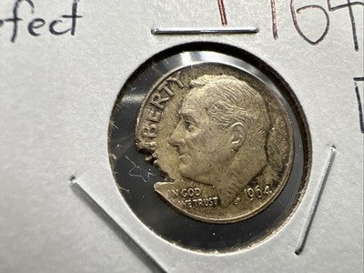 1964 D 10c Roosevelt Silver Dime Coin Major Planchet Defect XF / AU Circ