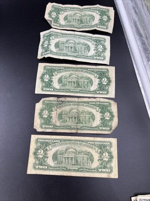 Lot of 5 1963 1953 $2 Two Dollar Red Seal USN Notes Very Circulated Damage #52
