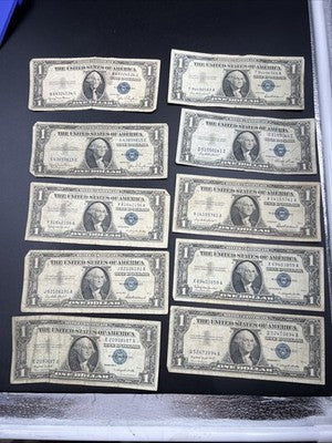 Lot of 10 VERY CIRC 1957 1935 $1 Dollar Silver Certificate Blue Seal Notes #87