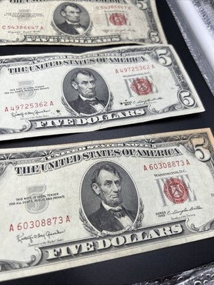 Lot of 9 1963 1953 $5 Five Dollar USN United States Notes Well Circulated #79