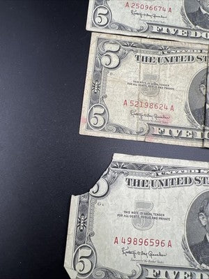 Lot of 3 Very Circulated 1963 $5 USN United States Notes One Damaged #596