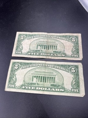 2 Note Lot 1934 1953 $5 Five Dollar Silver Certificate Fancy Serial #s G / VG