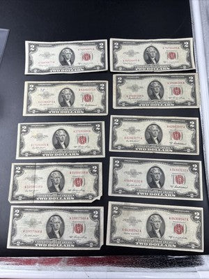 Lot of 10 1953 $2 USN Red Seal Legal Tender Bills VG Very Good + Circ #966