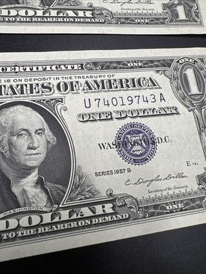 2 Consecutive 1957 B $1 One Dollar Silver Certificates CH AU / UNC #43