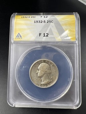 1932 S 25c Washington Silver Quarter Coin ANACS F12 Fine Key Date #702