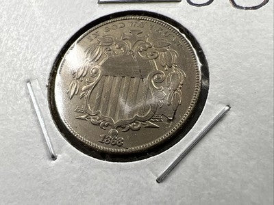 1868 5c Shield Nickel Coin Major Lamination Error Obverse AU About UNC