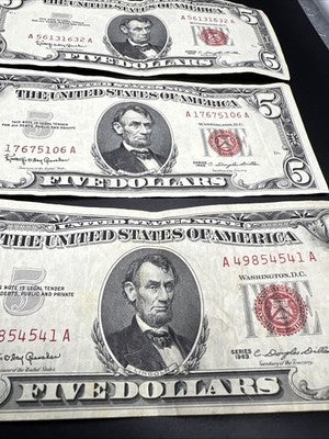 Lot of 3 1963 $5 USN United States Notes Red Seal Bills Fine / VF Circ #632
