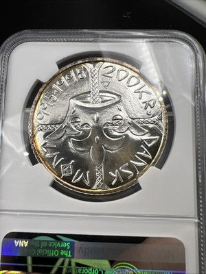 1995 Denmark Silver 200 Kronor Queen Margrethe II Anniversary NGC MS67
