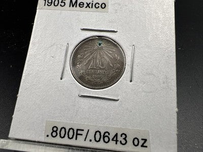 1905 Mexico 10 Centavos Silver Coin VF Details Holed