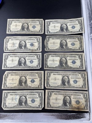 Lot of 10 VERY CIRC 1957 1935 $1 Dollar Silver Certificate Blue Seal Notes #82