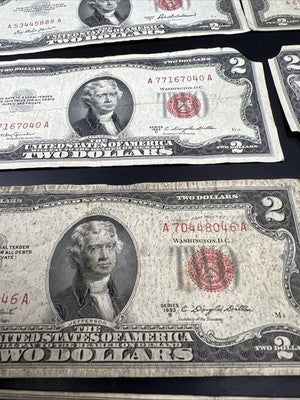Lot of 10 1953 1963 $2 USN Red Seal Legal Tender Bills Very Circulated #353