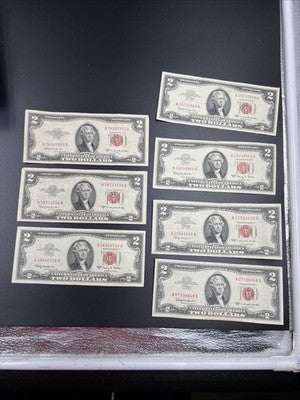 Lot of 7 1963  1953 $2 USN Red Seal Notes VF Very Fine Bills #516