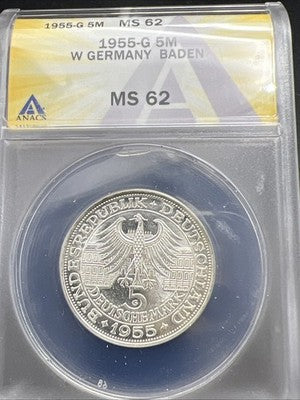 1955 G 5M West Germany Baden 5 Five Marks Silver Coin ANACS MS62 #041
