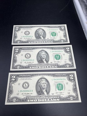 3 Consecutive 2013 $2 FRN Federal Reserve Notes CH UNC #563 Neat Serial #s