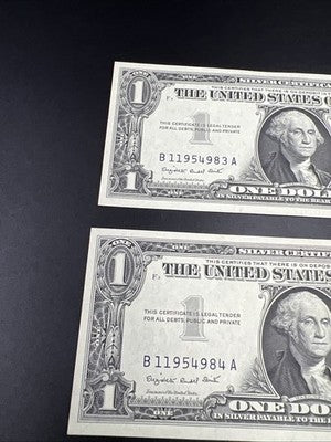 2 Consecutive 1957 A $1 One Dollar Blue Seal Silver Certificates CH AU / UNC #84