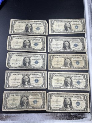 Lot of 10 VERY CIRC 1957 1935 $1 Dollar Silver Certificate Blue Seal Notes #90