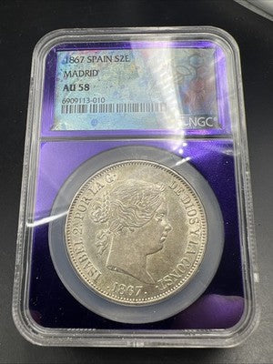1867 Madrid Spain 2 Escudos Silver Coin NGC AU58 Choice AU Certified