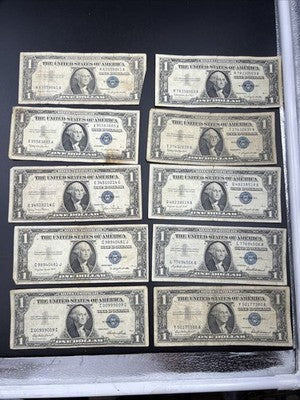 Lot of 10 VERY CIRC 1957 1935 $1 Dollar Silver Certificate Blue Seal Notes #09