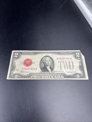 1928 C $2 USN United States Note Red Seal Fine Details Corner Tear #94