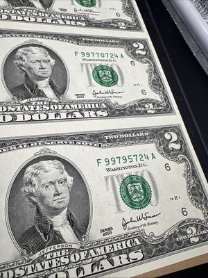 4 Note Souvenir Sheet 2003 US $2 Two Dollar FRN Federal Reserve Notes in Book #B